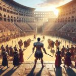 Produce a high-definition, realistic image of 'Reviving Ancient Legends: A Gladiatorial Epic'. Display a grand, bustling colosseum filled with enthusiastic spectators, taken from the perspective of a South Asian male gladiator standing in the center of the arena, facing a Hispanic female gladiator. Both are equipped with traditional gladiator armors and weapons. In the distance, the sun is setting, bathing the scene in a golden glow.