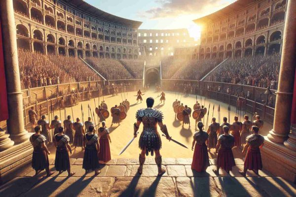 Produce a high-definition, realistic image of 'Reviving Ancient Legends: A Gladiatorial Epic'. Display a grand, bustling colosseum filled with enthusiastic spectators, taken from the perspective of a South Asian male gladiator standing in the center of the arena, facing a Hispanic female gladiator. Both are equipped with traditional gladiator armors and weapons. In the distance, the sun is setting, bathing the scene in a golden glow.