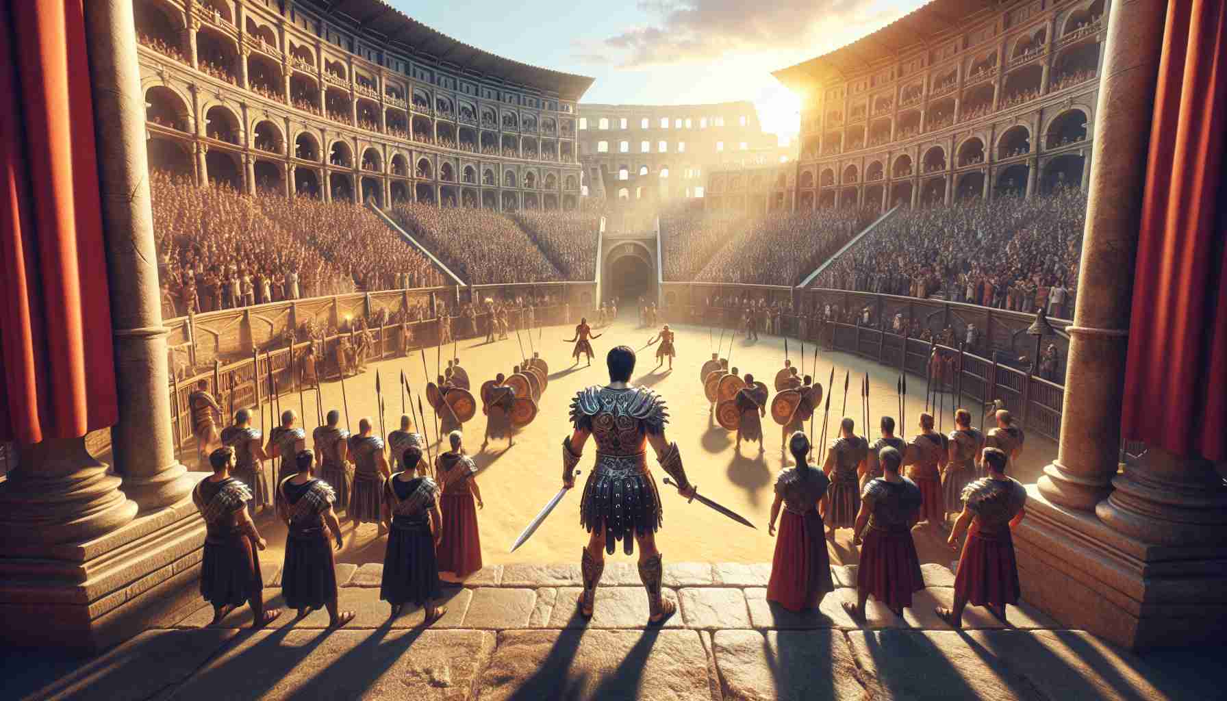 Produce a high-definition, realistic image of 'Reviving Ancient Legends: A Gladiatorial Epic'. Display a grand, bustling colosseum filled with enthusiastic spectators, taken from the perspective of a South Asian male gladiator standing in the center of the arena, facing a Hispanic female gladiator. Both are equipped with traditional gladiator armors and weapons. In the distance, the sun is setting, bathing the scene in a golden glow.