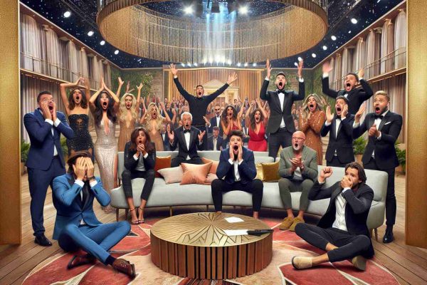 High-definition, realistic image capturing an unexpected twist in a generic reality TV show 'House of Stars'. The setting should include a beautifully decorated living area of a television set, with various contestants showing a wide range of emotions: shocked, jubilant, and dismayed. Perhaps some have their hands on their heads, while others are applauding, creating a dramatic atmosphere. No specific celebrities or real persons should be depicted, just generic contestants.