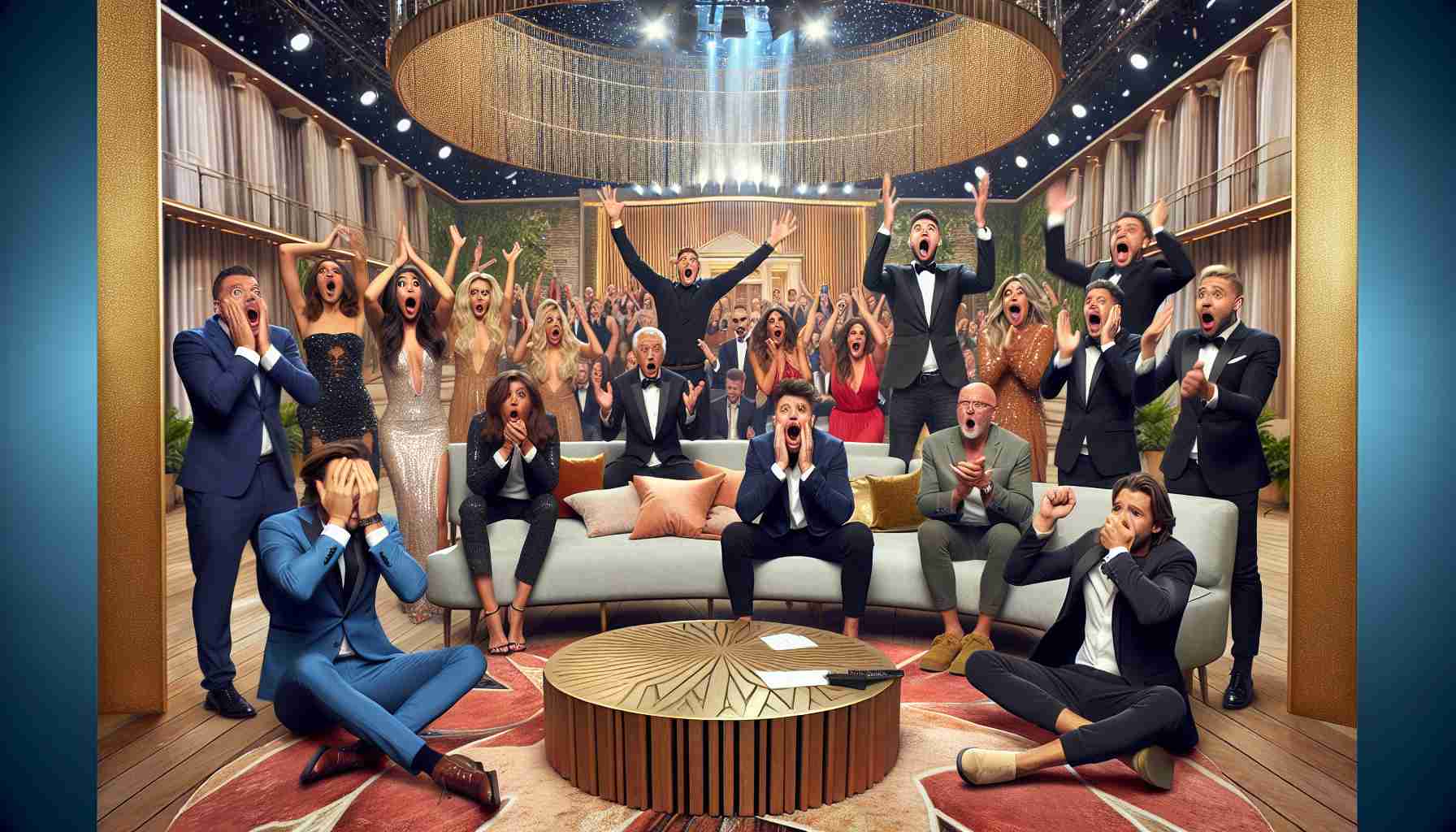 High-definition, realistic image capturing an unexpected twist in a generic reality TV show 'House of Stars'. The setting should include a beautifully decorated living area of a television set, with various contestants showing a wide range of emotions: shocked, jubilant, and dismayed. Perhaps some have their hands on their heads, while others are applauding, creating a dramatic atmosphere. No specific celebrities or real persons should be depicted, just generic contestants.