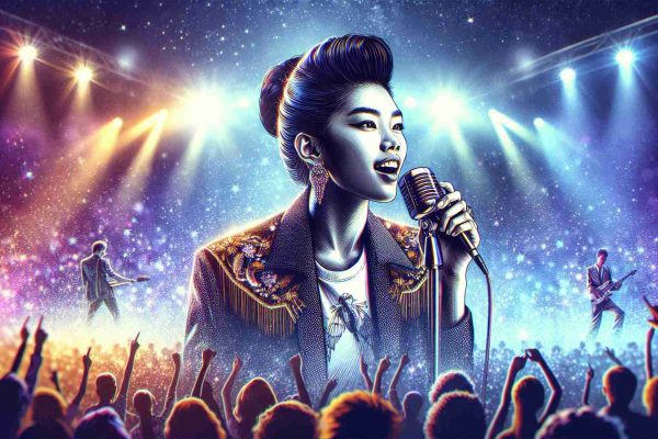 An HD image realistically illustrating an unidentified but trendy young female singer taking the international music scene by storm. She has vibrant performance energy, is stylishly dressed and radiates a magnetic charisma on stage. The crowd is completely enthralled and the atmosphere is electrifying, really signifying her impact on global contemporary music.