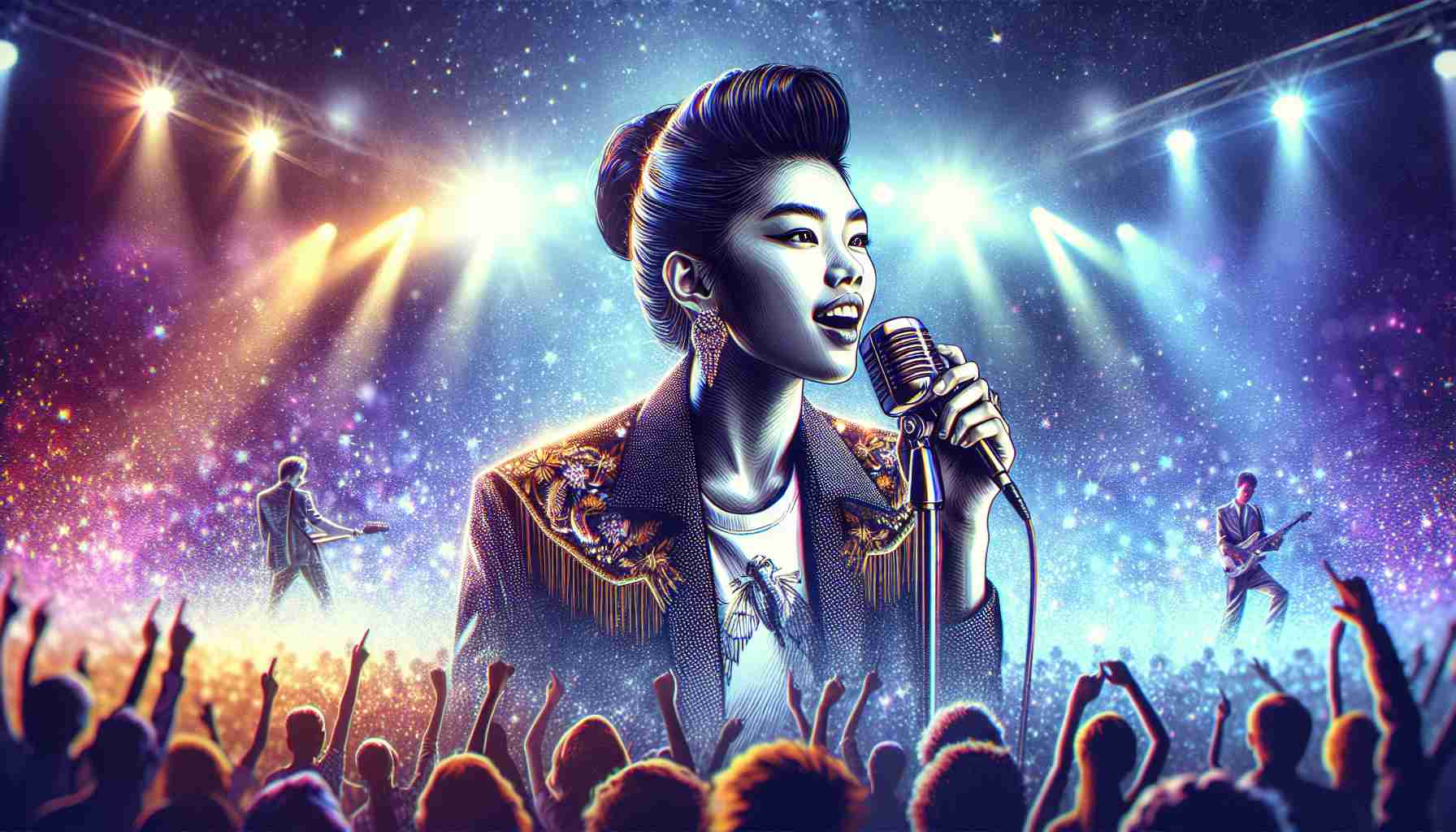 An HD image realistically illustrating an unidentified but trendy young female singer taking the international music scene by storm. She has vibrant performance energy, is stylishly dressed and radiates a magnetic charisma on stage. The crowd is completely enthralled and the atmosphere is electrifying, really signifying her impact on global contemporary music.