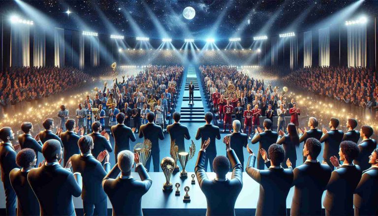 A realistic, high-definition image showcasing a night filled with achievements. The scene is set under a starlit sky with a large, brightly lit stage at the center. Numerous individuals from diverse descents line the stage, each holding a trophy or medal symbolizing their victories. The visual expressions of accomplishment, delight, and camaraderie on their faces jug along perfectly with the night's exhilarating mood. In the background, a packed audience is seen bursting with applause, expressing their heartfelt support and approval. Overall, it's a scene that encapsulates an inspiring night of achievements.