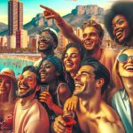 A vibrant, high-definition, and realistic photograph depicting a joyful reunion of friends during a festivity in the coastal city of Benidorm, in the year 2025. The group is diverse, composed of individuals of all genders, and a variety of descents including Caucasian, Black, Hispanic, and South Asian. They're seen laughing, sharing smiles, and enjoying the lively atmosphere around them. The backdrop further captures the essence of the city, revealing the popular beaches, towering hotels, and the tinted sky: a visual symphony of the setting sun.