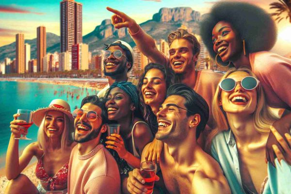 A vibrant, high-definition, and realistic photograph depicting a joyful reunion of friends during a festivity in the coastal city of Benidorm, in the year 2025. The group is diverse, composed of individuals of all genders, and a variety of descents including Caucasian, Black, Hispanic, and South Asian. They're seen laughing, sharing smiles, and enjoying the lively atmosphere around them. The backdrop further captures the essence of the city, revealing the popular beaches, towering hotels, and the tinted sky: a visual symphony of the setting sun.