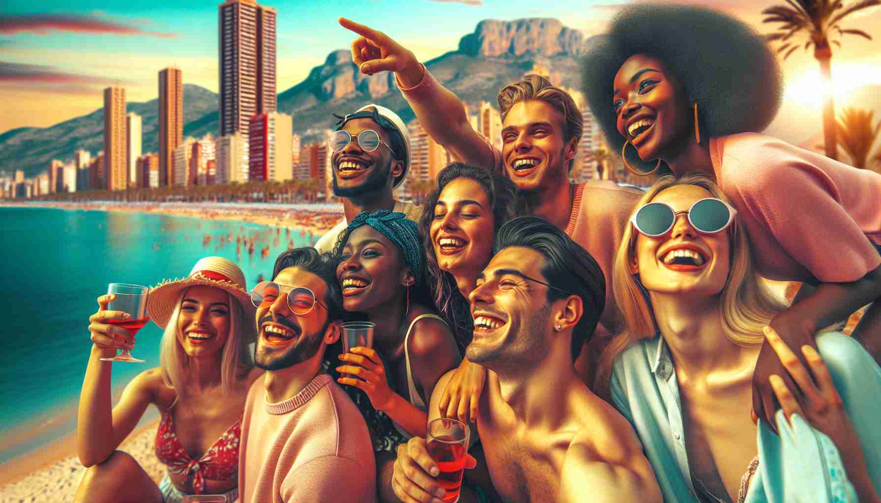 A vibrant, high-definition, and realistic photograph depicting a joyful reunion of friends during a festivity in the coastal city of Benidorm, in the year 2025. The group is diverse, composed of individuals of all genders, and a variety of descents including Caucasian, Black, Hispanic, and South Asian. They're seen laughing, sharing smiles, and enjoying the lively atmosphere around them. The backdrop further captures the essence of the city, revealing the popular beaches, towering hotels, and the tinted sky: a visual symphony of the setting sun.