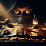 An ultra high-definition image capturing a moment of revealing intrigue and hidden truth from the narrative of 'La Promesa'. There's a rustic room bathed in the glow of a solitary oil lamp. A tattered, centuries-old map unfurled on a wooden table, with two intense eyes studying its detail, expressing a blend of fear, hope, and bravery. On the table, a cryptic diary opened in a decisive page, a brass compass, and an artifact of historical significance. The atmosphere is saturated with suspense and revelation.