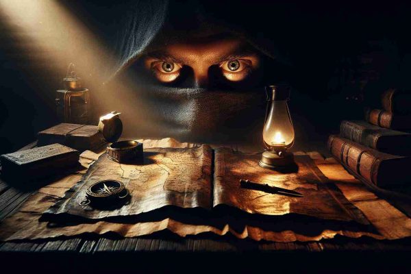 An ultra high-definition image capturing a moment of revealing intrigue and hidden truth from the narrative of 'La Promesa'. There's a rustic room bathed in the glow of a solitary oil lamp. A tattered, centuries-old map unfurled on a wooden table, with two intense eyes studying its detail, expressing a blend of fear, hope, and bravery. On the table, a cryptic diary opened in a decisive page, a brass compass, and an artifact of historical significance. The atmosphere is saturated with suspense and revelation.