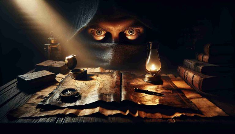 An ultra high-definition image capturing a moment of revealing intrigue and hidden truth from the narrative of 'La Promesa'. There's a rustic room bathed in the glow of a solitary oil lamp. A tattered, centuries-old map unfurled on a wooden table, with two intense eyes studying its detail, expressing a blend of fear, hope, and bravery. On the table, a cryptic diary opened in a decisive page, a brass compass, and an artifact of historical significance. The atmosphere is saturated with suspense and revelation.