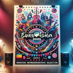 An HD image of an event poster for the Eurovision 2025 Spanish representative selection. The poster should reflect the exciting lineup of talented, unknown performers who are vying for the spot. Include the date and location of the event, along with text that showcases the excitement and anticipation for the event. Decorate the poster with vibrant, energetic colors and symbols related to music and Spain.