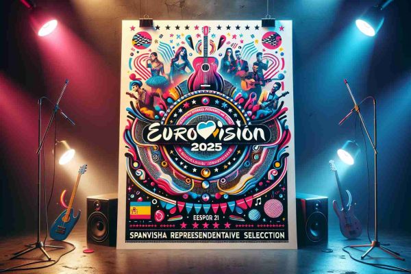 An HD image of an event poster for the Eurovision 2025 Spanish representative selection. The poster should reflect the exciting lineup of talented, unknown performers who are vying for the spot. Include the date and location of the event, along with text that showcases the excitement and anticipation for the event. Decorate the poster with vibrant, energetic colors and symbols related to music and Spain.