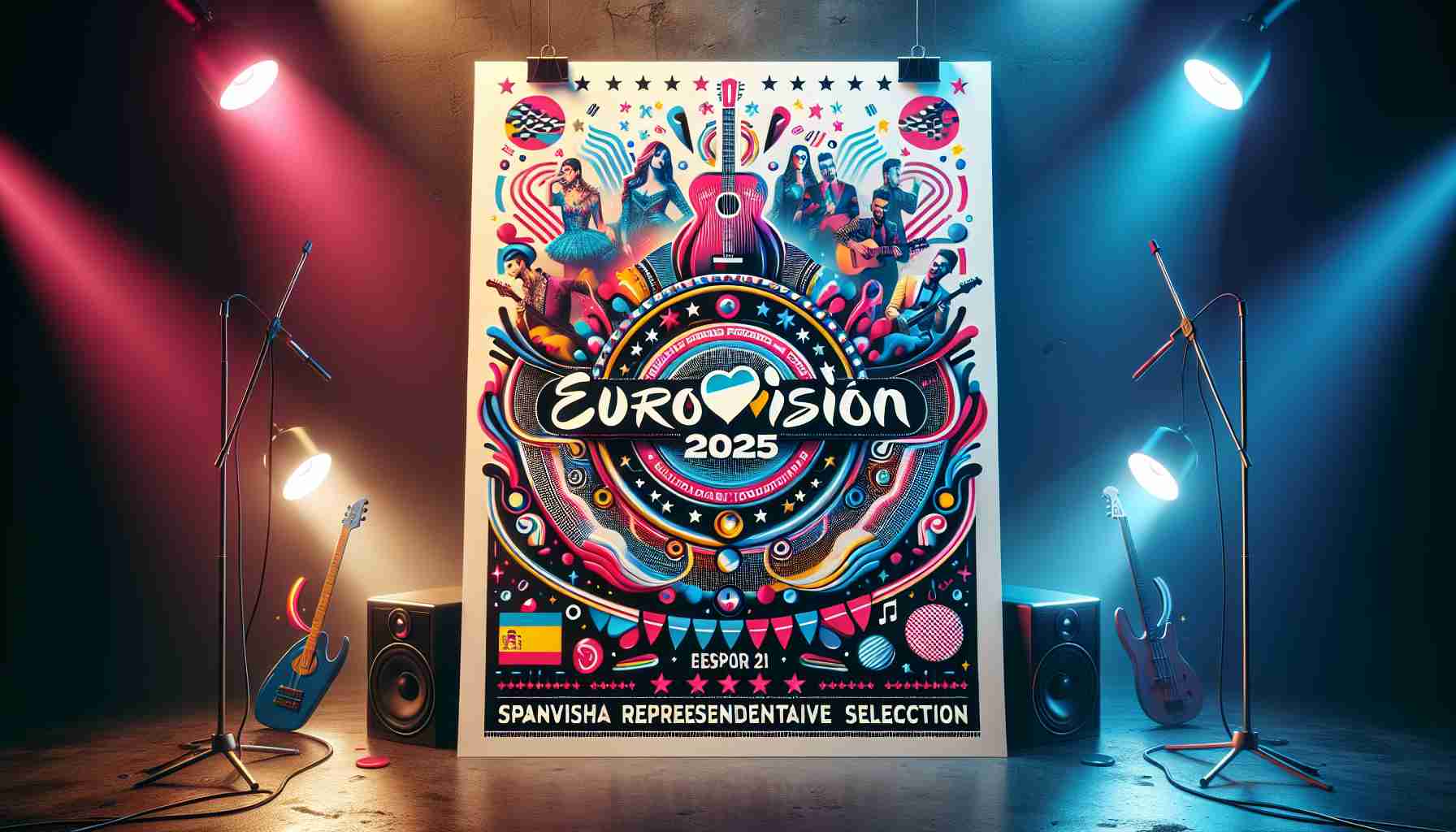 An HD image of an event poster for the Eurovision 2025 Spanish representative selection. The poster should reflect the exciting lineup of talented, unknown performers who are vying for the spot. Include the date and location of the event, along with text that showcases the excitement and anticipation for the event. Decorate the poster with vibrant, energetic colors and symbols related to music and Spain.