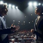 High definition photograph depicting an intense discussion between two anonymous high-profile individuals in a public context. Both figures are well-dressed, engaged, and animated in their conversation, standing under dimmed theatrical spotlights. One figure is a Caucasian male, with a tailored suit, short gray hair, and glasses. The other figure is an Asian female, with a professional pantsuit, her black hair pulled back in a tight bun. The surrounding environment is akin to a political forum or debate stage, with a sea of mostly-empty seats in the background.