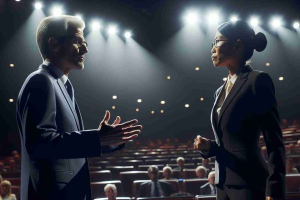 High definition photograph depicting an intense discussion between two anonymous high-profile individuals in a public context. Both figures are well-dressed, engaged, and animated in their conversation, standing under dimmed theatrical spotlights. One figure is a Caucasian male, with a tailored suit, short gray hair, and glasses. The other figure is an Asian female, with a professional pantsuit, her black hair pulled back in a tight bun. The surrounding environment is akin to a political forum or debate stage, with a sea of mostly-empty seats in the background.