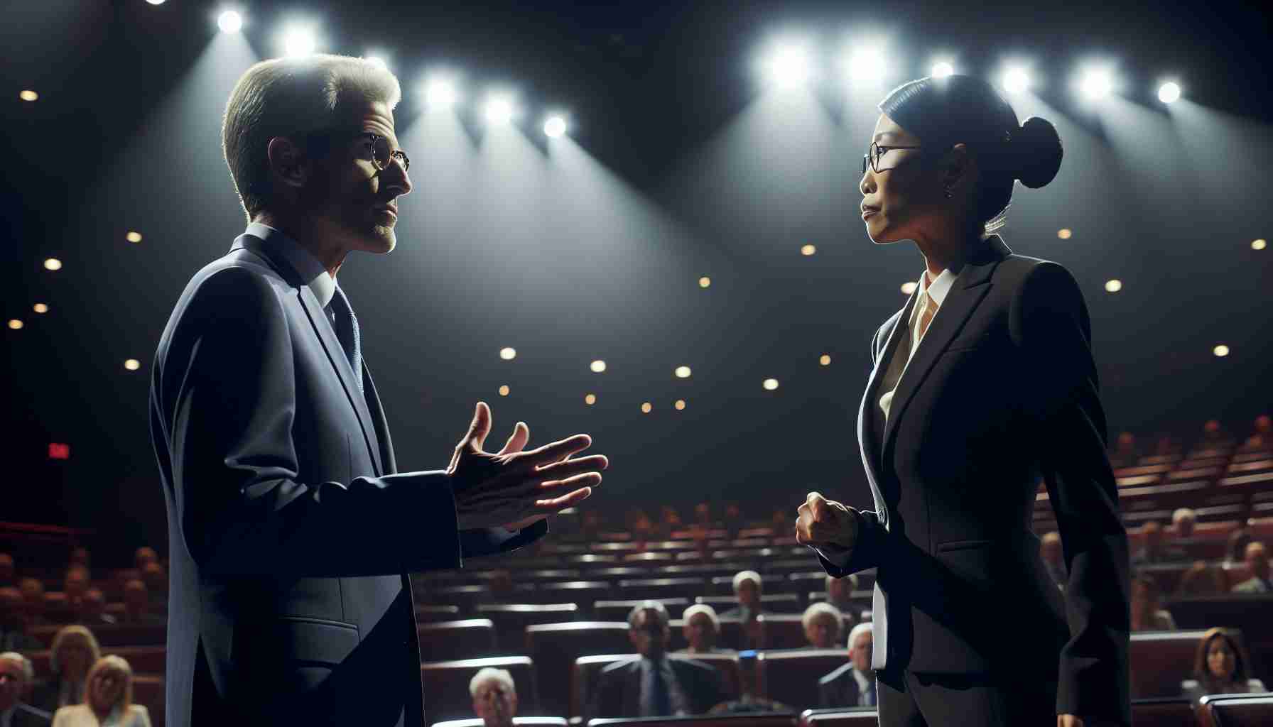 High definition photograph depicting an intense discussion between two anonymous high-profile individuals in a public context. Both figures are well-dressed, engaged, and animated in their conversation, standing under dimmed theatrical spotlights. One figure is a Caucasian male, with a tailored suit, short gray hair, and glasses. The other figure is an Asian female, with a professional pantsuit, her black hair pulled back in a tight bun. The surrounding environment is akin to a political forum or debate stage, with a sea of mostly-empty seats in the background.