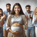 Realistic high-definition photo of a young woman, who could be Hispanic, excitedly announcing her pregnancy. The scene depicts shifting family dynamics, with the various reactions of her male and female family members around her. They may express emotions such as joy, shock, concern, surprise, or happiness, reflecting the complex nature of family relationships.