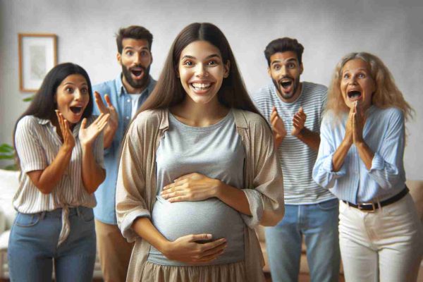 Realistic high-definition photo of a young woman, who could be Hispanic, excitedly announcing her pregnancy. The scene depicts shifting family dynamics, with the various reactions of her male and female family members around her. They may express emotions such as joy, shock, concern, surprise, or happiness, reflecting the complex nature of family relationships.