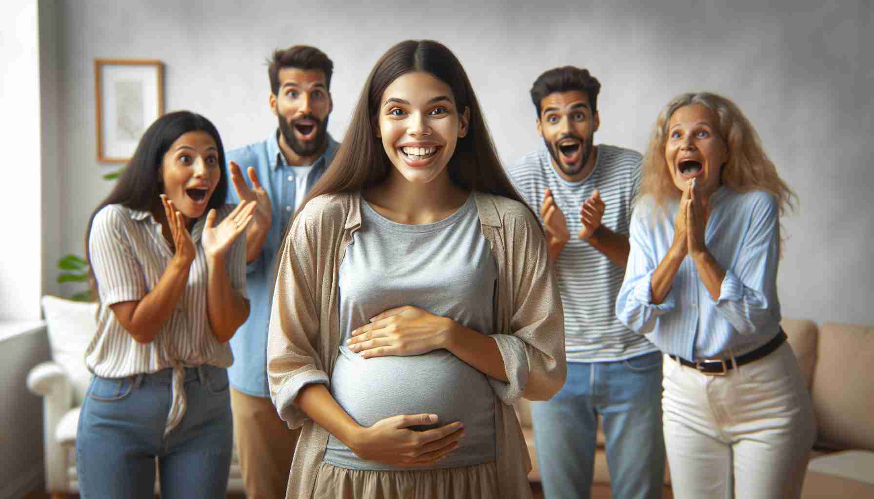 Realistic high-definition photo of a young woman, who could be Hispanic, excitedly announcing her pregnancy. The scene depicts shifting family dynamics, with the various reactions of her male and female family members around her. They may express emotions such as joy, shock, concern, surprise, or happiness, reflecting the complex nature of family relationships.