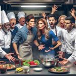 Realistic HD image of a dramatic scene representing controversy within the kitchen setting of a popular evening television show. Show a diverse team of chefs, including both men and women from a variety of descents such as Caucasian, Hispanic, and Black, all in animated discussion, demonstrating a mix of emotions including frustration, confusion, and determination. The setting should be a professional-grade kitchen, complete with stainless steel appliances, bustling with activity.