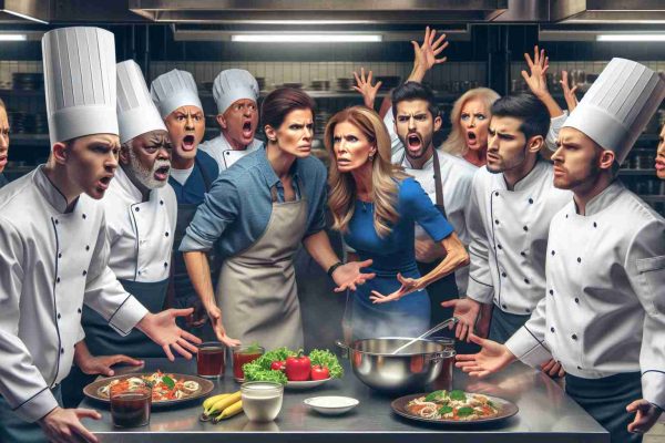 Realistic HD image of a dramatic scene representing controversy within the kitchen setting of a popular evening television show. Show a diverse team of chefs, including both men and women from a variety of descents such as Caucasian, Hispanic, and Black, all in animated discussion, demonstrating a mix of emotions including frustration, confusion, and determination. The setting should be a professional-grade kitchen, complete with stainless steel appliances, bustling with activity.