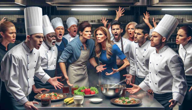 Realistic HD image of a dramatic scene representing controversy within the kitchen setting of a popular evening television show. Show a diverse team of chefs, including both men and women from a variety of descents such as Caucasian, Hispanic, and Black, all in animated discussion, demonstrating a mix of emotions including frustration, confusion, and determination. The setting should be a professional-grade kitchen, complete with stainless steel appliances, bustling with activity.