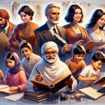 A detailed, high-definition depiction reflecting a narrative scene involving a family known for its influence and contribution in literature. The picture sans any real-world personalities, should show a diverse family of five, with the eldest—a Caucasian male, holding an antique feathered quill and parchment showcasing his expertise in literature. The next, a Middle-Eastern female, is seen engrossed in an ancient tome, symbolizing a deep appreciation of the written word. A pair of South-Asian twins—a boy and a girl—are excitedly discussing a modern novel, indicating a balance between past tradition and present influence. Lastly, a Hispanic man is pictured, expertly crafting a social media post on his hi-tech tablet, representing the modern-day influencer.