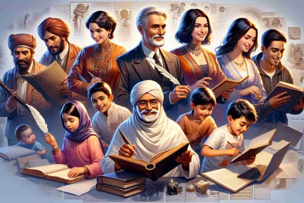 A detailed, high-definition depiction reflecting a narrative scene involving a family known for its influence and contribution in literature. The picture sans any real-world personalities, should show a diverse family of five, with the eldest—a Caucasian male, holding an antique feathered quill and parchment showcasing his expertise in literature. The next, a Middle-Eastern female, is seen engrossed in an ancient tome, symbolizing a deep appreciation of the written word. A pair of South-Asian twins—a boy and a girl—are excitedly discussing a modern novel, indicating a balance between past tradition and present influence. Lastly, a Hispanic man is pictured, expertly crafting a social media post on his hi-tech tablet, representing the modern-day influencer.