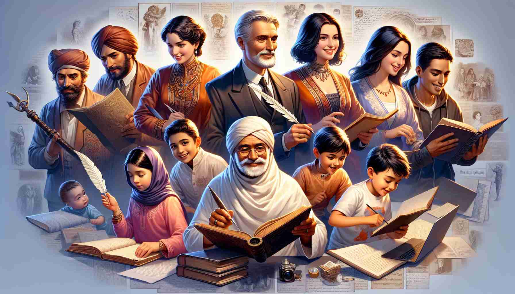 A detailed, high-definition depiction reflecting a narrative scene involving a family known for its influence and contribution in literature. The picture sans any real-world personalities, should show a diverse family of five, with the eldest—a Caucasian male, holding an antique feathered quill and parchment showcasing his expertise in literature. The next, a Middle-Eastern female, is seen engrossed in an ancient tome, symbolizing a deep appreciation of the written word. A pair of South-Asian twins—a boy and a girl—are excitedly discussing a modern novel, indicating a balance between past tradition and present influence. Lastly, a Hispanic man is pictured, expertly crafting a social media post on his hi-tech tablet, representing the modern-day influencer.