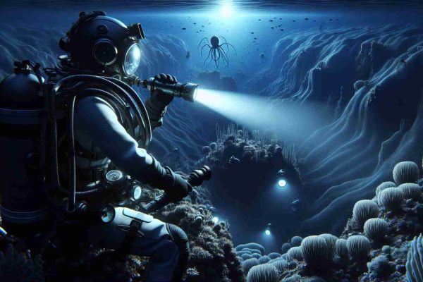 Render a lifelike, high-definition image of a daring exploration scene titled 'Journey to the Abyss'. Showcase the vastness of the inky black ocean depths with the hint of strange and alien marine lifeforms lurking just beyond the sphere of illumination provided by the explorer's powerful underwater torch. The explorer could be a Hispanic female marine biologist equipped with high-tech deep-sea diving gear, surveying the uncharted territories of the ocean's mysterious abyss.