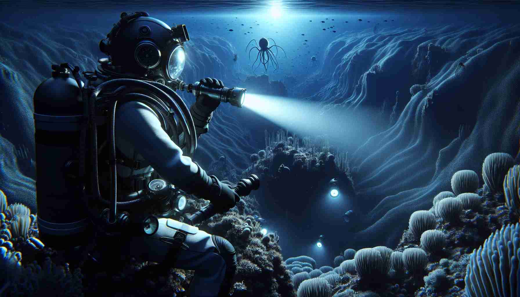 Render a lifelike, high-definition image of a daring exploration scene titled 'Journey to the Abyss'. Showcase the vastness of the inky black ocean depths with the hint of strange and alien marine lifeforms lurking just beyond the sphere of illumination provided by the explorer's powerful underwater torch. The explorer could be a Hispanic female marine biologist equipped with high-tech deep-sea diving gear, surveying the uncharted territories of the ocean's mysterious abyss.