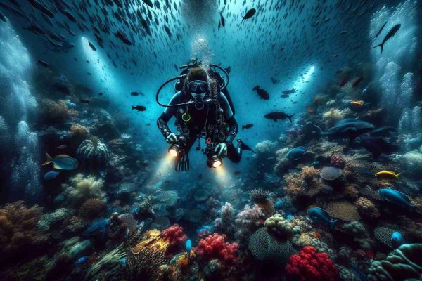 Imagine an HD photo that captures the mesmerizing and mysterious depths of the ocean. The scene portrays a daring deep-sea diver, a Middle Eastern woman, courageously exploring the myriad secrets hidden far below the surface. Surrounding her is an intricate ballet of colourful corals, busy schools of shimmering fish, and the occasional curious shark. The underwater lights attached to her gear cast an ethereal illumination in the gloom, creating fascinating patterns of light and shadow. The dichotomy of danger and tranquil beauty the ocean depths represent, and the intrepid explorer's presence turns simple exploration into a visual symphony.