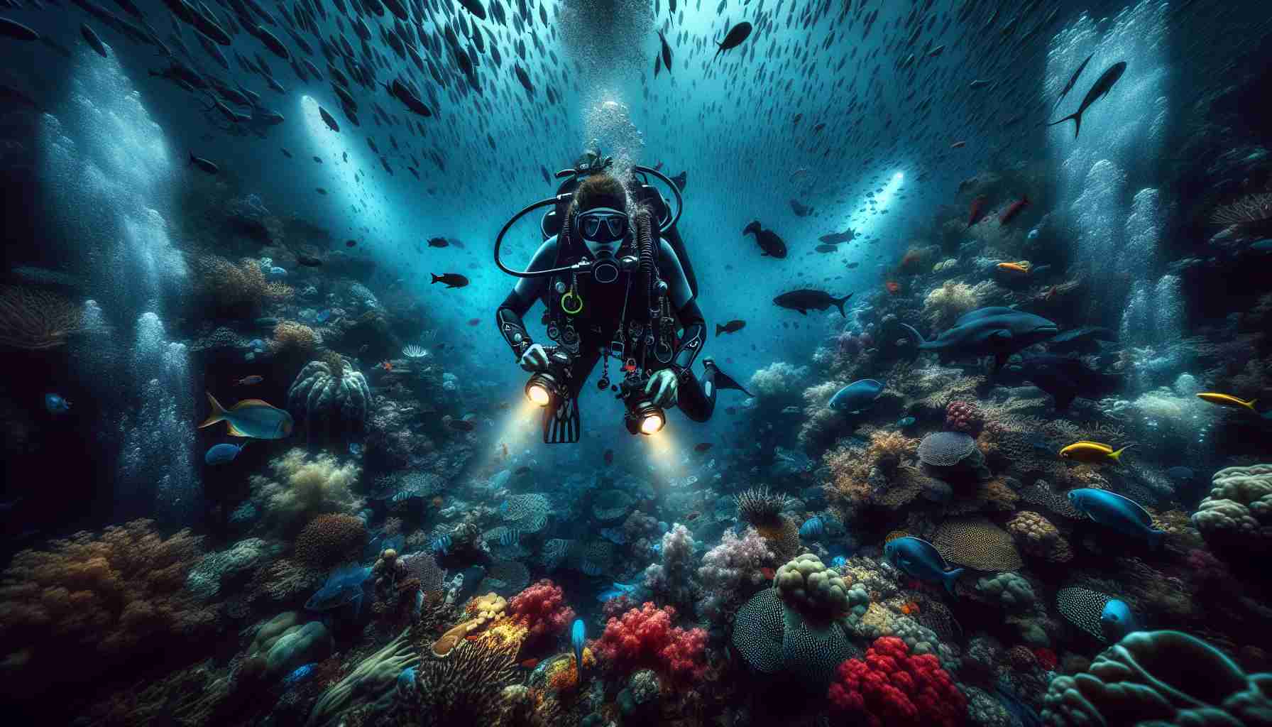 Imagine an HD photo that captures the mesmerizing and mysterious depths of the ocean. The scene portrays a daring deep-sea diver, a Middle Eastern woman, courageously exploring the myriad secrets hidden far below the surface. Surrounding her is an intricate ballet of colourful corals, busy schools of shimmering fish, and the occasional curious shark. The underwater lights attached to her gear cast an ethereal illumination in the gloom, creating fascinating patterns of light and shadow. The dichotomy of danger and tranquil beauty the ocean depths represent, and the intrepid explorer's presence turns simple exploration into a visual symphony.