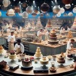 An ultra high-definition image showcasing the lively atmosphere of a televised baking competition. In the scene, multiple contestants, each of diverse backgrounds and genders, are carefully crafting spectacular desserts. Feel free to depict a wide array of delectable treats, including tiered cakes, elaborate pastries, and artistic chocolate designs. The contestants are surrounded by professional kitchen equipment that glistens under the bright studio lights, while in the background, multiple cameras capture every detail. The excitement and the intensity of the competition are palpable.