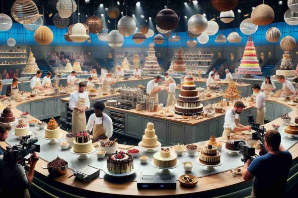 An ultra high-definition image showcasing the lively atmosphere of a televised baking competition. In the scene, multiple contestants, each of diverse backgrounds and genders, are carefully crafting spectacular desserts. Feel free to depict a wide array of delectable treats, including tiered cakes, elaborate pastries, and artistic chocolate designs. The contestants are surrounded by professional kitchen equipment that glistens under the bright studio lights, while in the background, multiple cameras capture every detail. The excitement and the intensity of the competition are palpable.