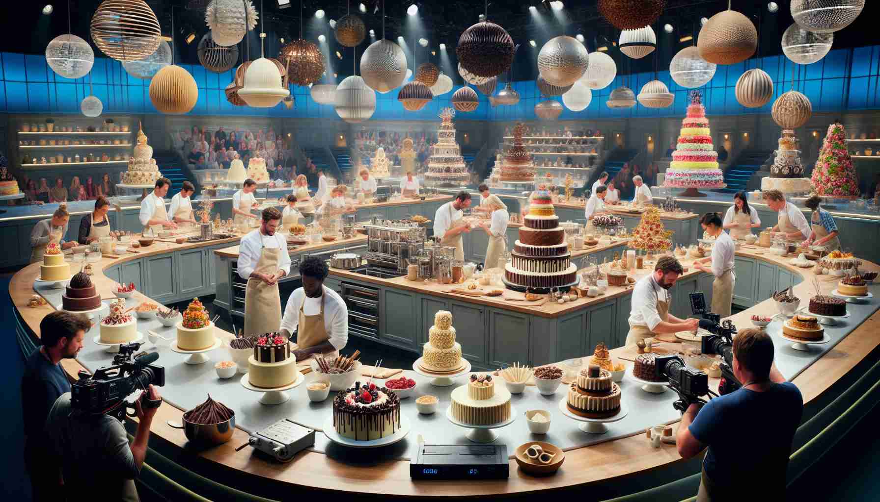 An ultra high-definition image showcasing the lively atmosphere of a televised baking competition. In the scene, multiple contestants, each of diverse backgrounds and genders, are carefully crafting spectacular desserts. Feel free to depict a wide array of delectable treats, including tiered cakes, elaborate pastries, and artistic chocolate designs. The contestants are surrounded by professional kitchen equipment that glistens under the bright studio lights, while in the background, multiple cameras capture every detail. The excitement and the intensity of the competition are palpable.