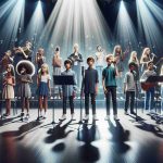 Realistic, high-definition image illustrating the concept of 'Empowering Young Talent: A New Wave in Junior Music Competitions.' Features a diverse group of talented children of various descents like Caucasian, Hispanic, Black, Middle-Eastern, South Asian, and White, showcasing their musical abilities on a grand stage. With the spotlight on them, they impress the audience with their performances, embodying a fresh approach to the junior music competitions. There's an energetic atmosphere reflecting their enthusiasm and talent, symbolising the new wave in the music world.