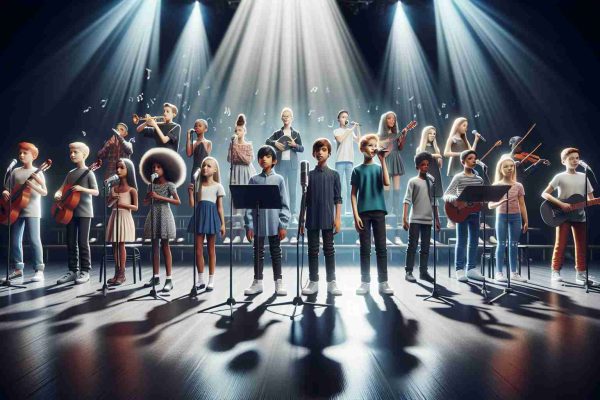 Realistic, high-definition image illustrating the concept of 'Empowering Young Talent: A New Wave in Junior Music Competitions.' Features a diverse group of talented children of various descents like Caucasian, Hispanic, Black, Middle-Eastern, South Asian, and White, showcasing their musical abilities on a grand stage. With the spotlight on them, they impress the audience with their performances, embodying a fresh approach to the junior music competitions. There's an energetic atmosphere reflecting their enthusiasm and talent, symbolising the new wave in the music world.