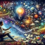 A high-definition, realistic image capturing the essence of exploring the depths of imagination. The image is filled with numerous elements that signify creativity and thought. Symbols like an open book with words morphing into various tangible objects, a vibrant lightbulb illuminating many colors, a person holding a paintbrush creating vivid landscapes out of thin air, and an endless stairway spiraling into a starry night sky. The person is a young South Asian female wearing casual home attire, absorbed in her imagination. The overarching theme is intricate and dream-like.