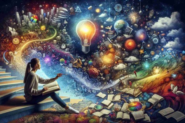 A high-definition, realistic image capturing the essence of exploring the depths of imagination. The image is filled with numerous elements that signify creativity and thought. Symbols like an open book with words morphing into various tangible objects, a vibrant lightbulb illuminating many colors, a person holding a paintbrush creating vivid landscapes out of thin air, and an endless stairway spiraling into a starry night sky. The person is a young South Asian female wearing casual home attire, absorbed in her imagination. The overarching theme is intricate and dream-like.