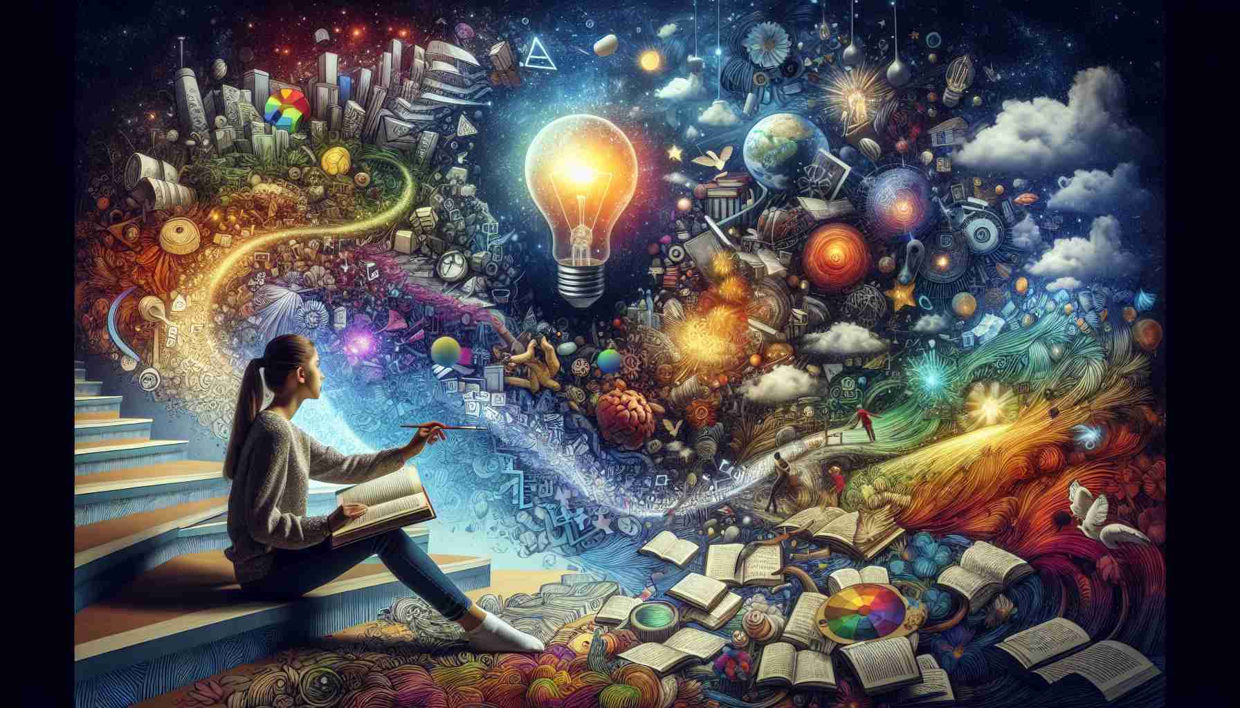 A high-definition, realistic image capturing the essence of exploring the depths of imagination. The image is filled with numerous elements that signify creativity and thought. Symbols like an open book with words morphing into various tangible objects, a vibrant lightbulb illuminating many colors, a person holding a paintbrush creating vivid landscapes out of thin air, and an endless stairway spiraling into a starry night sky. The person is a young South Asian female wearing casual home attire, absorbed in her imagination. The overarching theme is intricate and dream-like.