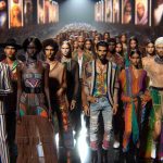 A high-definition and realistic image capturing a contemporary fashion scene at a notable music awards event in 2024. The focus is on Latino fashion trends, showcasing vibrant colors, intricate patterns, and unique silhouettes. It features a diverse group of models that include Black, Caucasian, Middle-Eastern, South Asian, and Hispanic individuals, all dressed in inspired, modern Latino fashion.