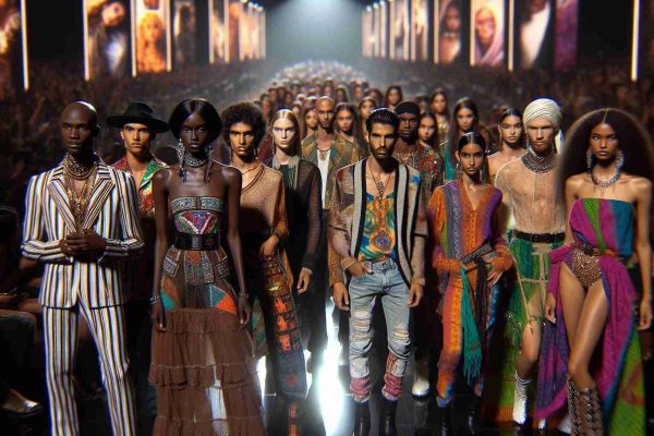 A high-definition and realistic image capturing a contemporary fashion scene at a notable music awards event in 2024. The focus is on Latino fashion trends, showcasing vibrant colors, intricate patterns, and unique silhouettes. It features a diverse group of models that include Black, Caucasian, Middle-Eastern, South Asian, and Hispanic individuals, all dressed in inspired, modern Latino fashion.