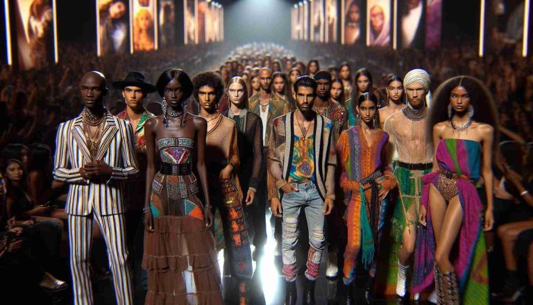 A high-definition and realistic image capturing a contemporary fashion scene at a notable music awards event in 2024. The focus is on Latino fashion trends, showcasing vibrant colors, intricate patterns, and unique silhouettes. It features a diverse group of models that include Black, Caucasian, Middle-Eastern, South Asian, and Hispanic individuals, all dressed in inspired, modern Latino fashion.