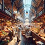 A meticulously detailed and realistic HD image, portraying a vibrant tour through Barcelona's culinary gems, aiming to indulge the viewer's palate. Aim for the following scenes: 1. A centuries-old open market bustling with activity. Produce vendors showcase a colorful array of fruits and vegetables, fishmongers offer fresh seafood, and butchers handle prime cuts of meat. 2. An intimate, warmly-lit tapas bar resounding with chatter and clinking glasses. 3. A Michelin-starred restaurant with minimalist decor, gourmet dishes artistically arranged, and a sommelier presenting a bottle of wine. 4. A neighborhood bakery enticing passerby with delectable pastries and the aroma of fresh-baked bread. Keep in mind to capture the ambiance, energy, and flavors that encapsulate the heart of Barcelona's internationally-acclaimed food scene.