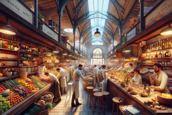 A meticulously detailed and realistic HD image, portraying a vibrant tour through Barcelona's culinary gems, aiming to indulge the viewer's palate. Aim for the following scenes: 1. A centuries-old open market bustling with activity. Produce vendors showcase a colorful array of fruits and vegetables, fishmongers offer fresh seafood, and butchers handle prime cuts of meat. 2. An intimate, warmly-lit tapas bar resounding with chatter and clinking glasses. 3. A Michelin-starred restaurant with minimalist decor, gourmet dishes artistically arranged, and a sommelier presenting a bottle of wine. 4. A neighborhood bakery enticing passerby with delectable pastries and the aroma of fresh-baked bread. Keep in mind to capture the ambiance, energy, and flavors that encapsulate the heart of Barcelona's internationally-acclaimed food scene.