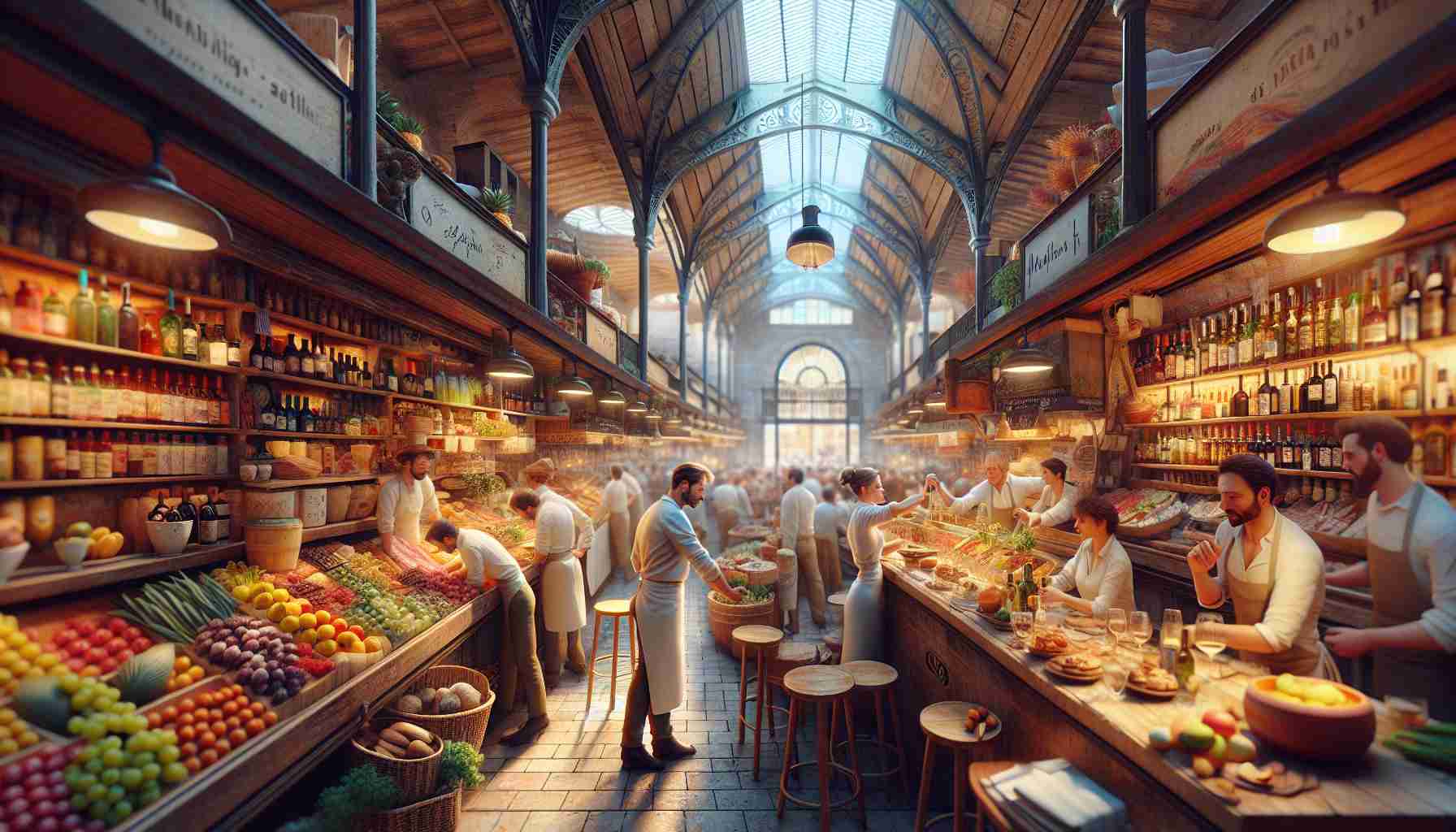 A meticulously detailed and realistic HD image, portraying a vibrant tour through Barcelona's culinary gems, aiming to indulge the viewer's palate. Aim for the following scenes: 1. A centuries-old open market bustling with activity. Produce vendors showcase a colorful array of fruits and vegetables, fishmongers offer fresh seafood, and butchers handle prime cuts of meat. 2. An intimate, warmly-lit tapas bar resounding with chatter and clinking glasses. 3. A Michelin-starred restaurant with minimalist decor, gourmet dishes artistically arranged, and a sommelier presenting a bottle of wine. 4. A neighborhood bakery enticing passerby with delectable pastries and the aroma of fresh-baked bread. Keep in mind to capture the ambiance, energy, and flavors that encapsulate the heart of Barcelona's internationally-acclaimed food scene.