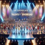 High-definition photo of a stage showcasing a children's talent show in 2024, exuding an atmosphere of talent and diversity. The stage is full of colorful lights and various instruments. A mixed group of young performers from around the world, each representing different descents such as Hispanic, Caucasian, Asian, and Black, stands in the spotlight, each getting ready to showcase their unique talents to the world. The audience, equally diverse, waits with anticipation and excitement. Banners with the words 'Un Showcase de Talento y Diversidad' hang in the surroundings.