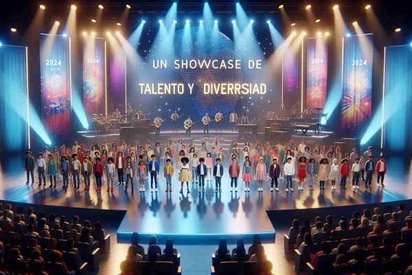 High-definition photo of a stage showcasing a children's talent show in 2024, exuding an atmosphere of talent and diversity. The stage is full of colorful lights and various instruments. A mixed group of young performers from around the world, each representing different descents such as Hispanic, Caucasian, Asian, and Black, stands in the spotlight, each getting ready to showcase their unique talents to the world. The audience, equally diverse, waits with anticipation and excitement. Banners with the words 'Un Showcase de Talento y Diversidad' hang in the surroundings.