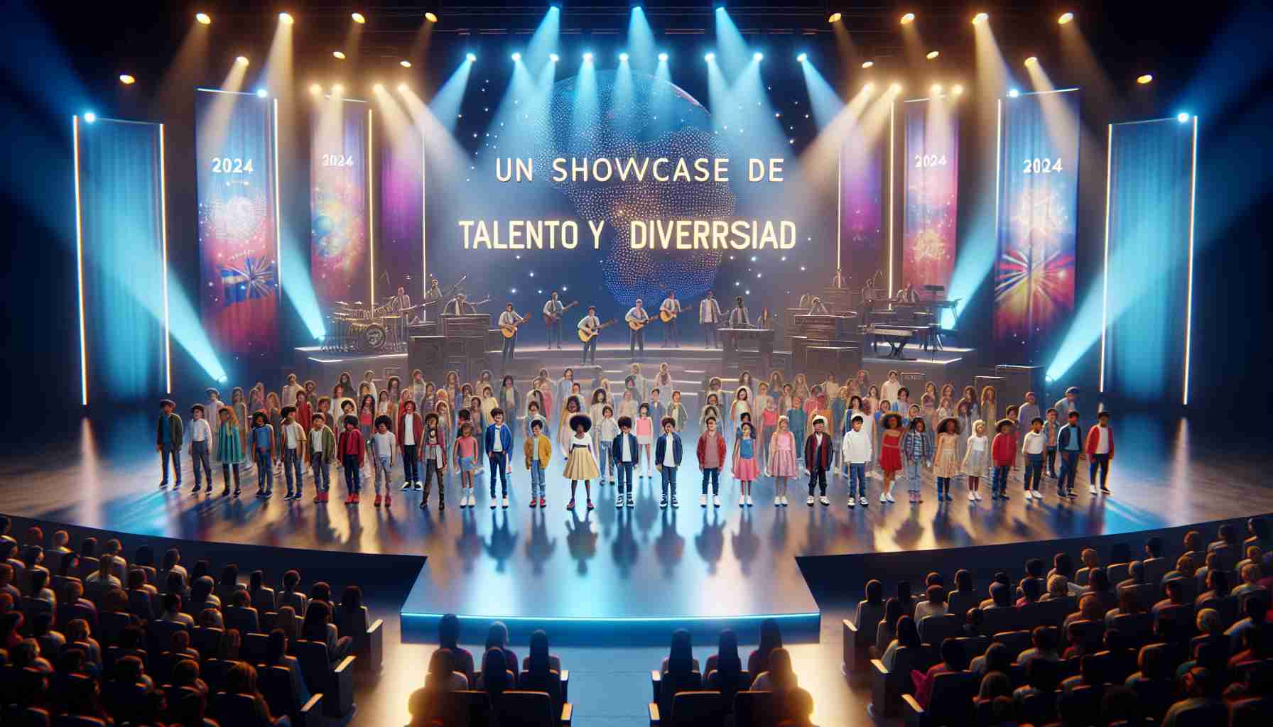 High-definition photo of a stage showcasing a children's talent show in 2024, exuding an atmosphere of talent and diversity. The stage is full of colorful lights and various instruments. A mixed group of young performers from around the world, each representing different descents such as Hispanic, Caucasian, Asian, and Black, stands in the spotlight, each getting ready to showcase their unique talents to the world. The audience, equally diverse, waits with anticipation and excitement. Banners with the words 'Un Showcase de Talento y Diversidad' hang in the surroundings.